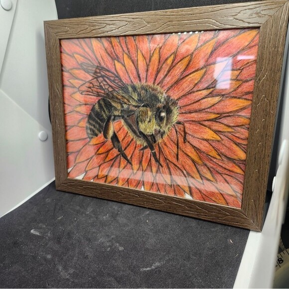 Handmade Framed Pencil Art Honey Bee Red Flower Original Colored Drawing - Picture 4 of 14